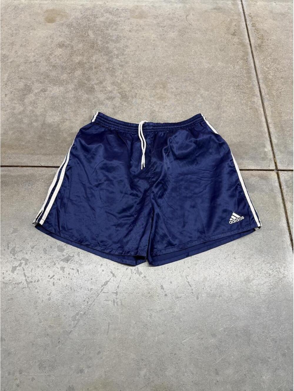 vintage adidas navy and white small logo nylon shorts size large